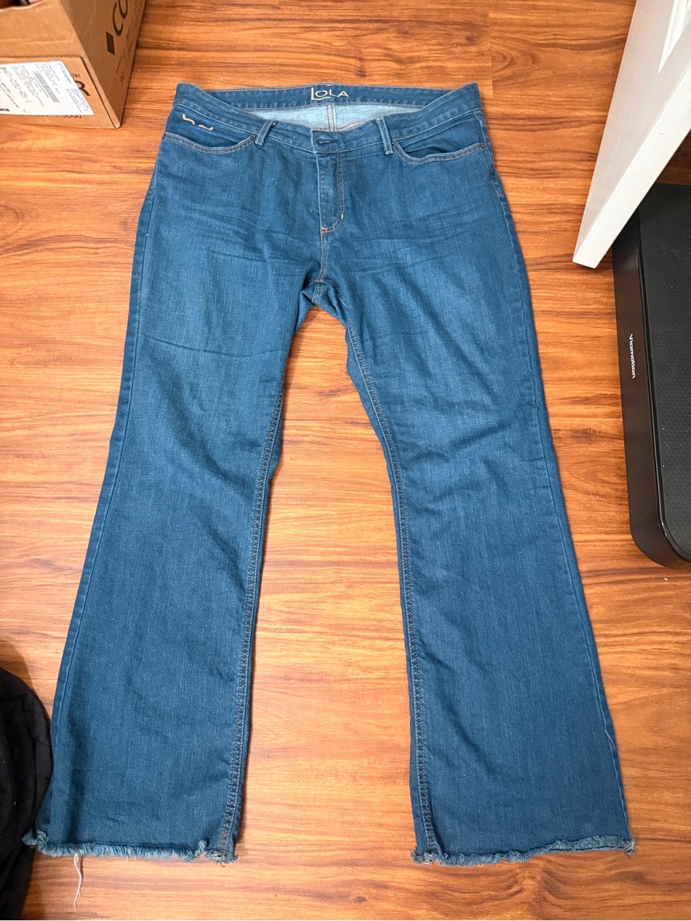 Kimes Ranch Dark Blue Flare Jeans with Frayed Hem